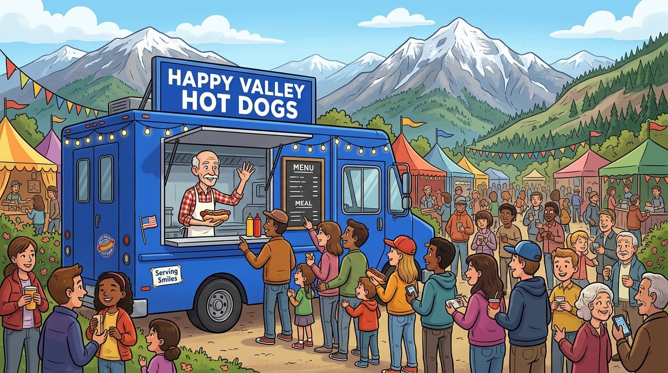 The friendly owner of Happy Valley Hot Dogs waving from the food truck window